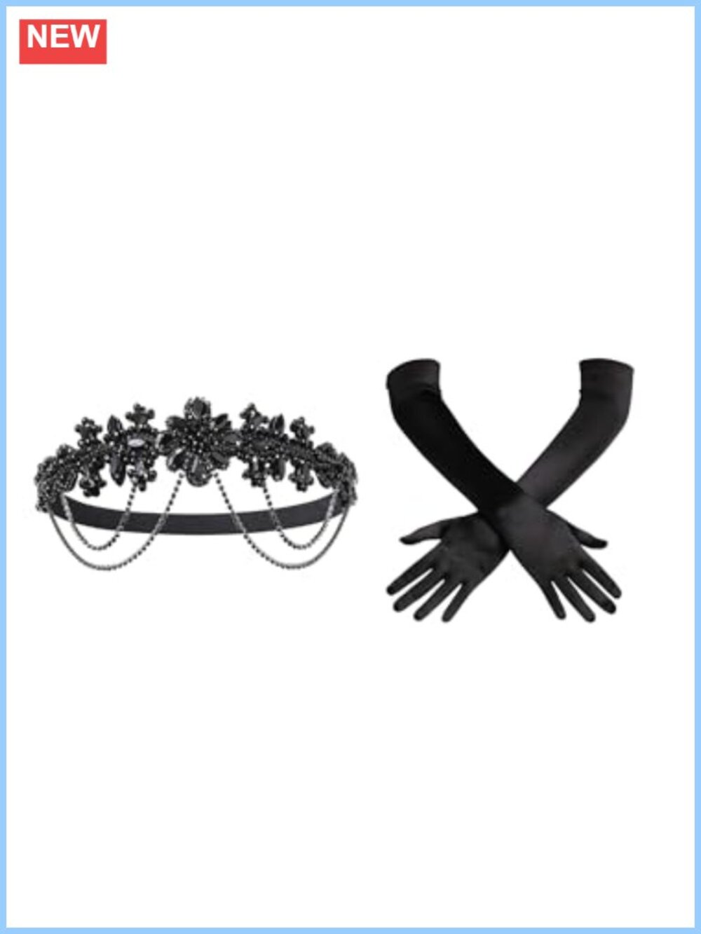 1920s Flapper Headpiece & Satin Gloves Set Rhinestone Headband Costume Accessory